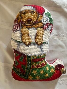 Holiday Puppy Stocking Pillow - Red, Green, White
